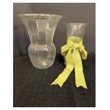 (2) clear glass vases green bow on one