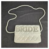 "BRIDE" White Leather-Like Purse w/ Pearl Strap