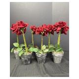 6 pots w/artificial rose arrangements, 14-15in