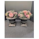 (2) black ceramic fruit & greenery filled pots