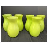 6 lime green glass vases, hourglass shape, 9in H,