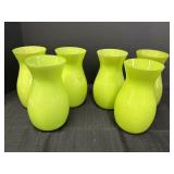 6 lime green glass vases, hourglass shape, 9in H,