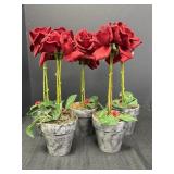 6 pots w/artificial rose arrangements, 14-15in