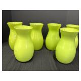 6 lime green glass vases, hourglass shape, 9in H,