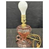 Converted pink depression glass oil lamp base lamp