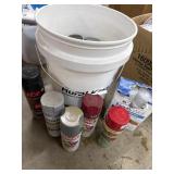 Rural King 5gal bucket w/variety of spray paints,