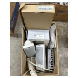 Computer speakers, keyboard, books