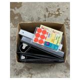 3 ring binders, round labels, post-its