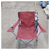 Red Folding Camping Chair & Blue/ White Umbrella