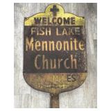 Vtg metal sign for Fish Lake Mennonite Church,