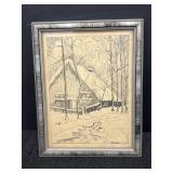 Vtg. Sketched Wooded Landscape Decor
