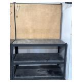 Industrial shelving unit w/pegboard.  3 shelves -