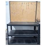 Industrial shelving unit w/pegboard & various