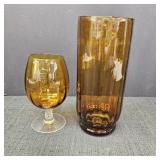 (2) Vintage Amber Ribbed Glassware: Vase & Glass