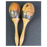 Pair of 12in wooden maracas w/hand-painted
