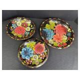 3 Hand Painted Folk Art Mexican Batea Tole Trays