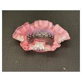 6" Fenton pink opalescent ruffled edged dish