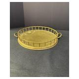 Round brass tray w/handles, faux bamboo design,