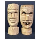 2 wood carved masks w/base, 8in H