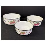 3pc set of mixing bowls, fruit design, enamel on