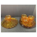4 amber glass snack sets, geometric cube pattern,