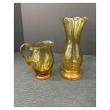 Amber/marigold glass pitcher & vase, 3.5 & 6in H