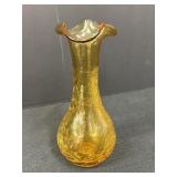 Hand Blown Amber Crackle Glass Vase w/Ruffled Edge