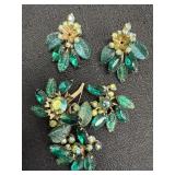 Judy Lee Emerald Rhinestone Earrings & Brooch