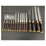 Forks, knives, carving set  Bakelite faux stag