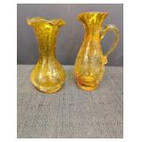 Hand blown Amber Crackle Glass Pitcher & Vase