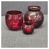 (3) VTG Ruby Red Glassware: Vase & Candleholders