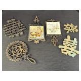 Variety of 6 trivets, cast, brass.  Tile in 1 is