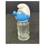 Smurf glass vitamin jar w/rubber topper, 5in H