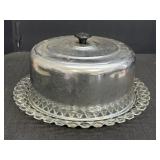 14" waffle pattern glass cake plate & metal dome