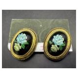 Black Dome Rose Clip Earrings