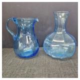 Blue Art Glass Pitcher & Vase
