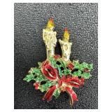 Yule Candle Holly Christmas Brooch