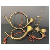 3 sizes vtg brass hunting horns & bugle horn,