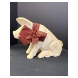 Paper mache pig w/red & black checkered bow,