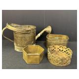4 decorative brass pieces - water can, planters,