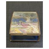 Blue Glass w/ Brass Trim & Garden Painted Scene