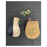 2 Leather Pouches & Marbles
