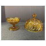 Amber glass sherbert dish & domed lid.