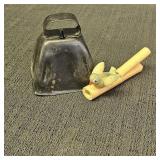 Vintage Metal Cowbell & Wooden Duck Whistle