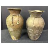 2 brass vases w/hammered texture & twisted rope