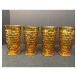 Set of 4 Amber footed glasses w/geometric cube
