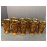 Set of 9 Dark Amber footed glasses w/geometric