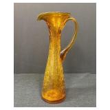 Amber crackle glass pitcher/vase w/applied handle,