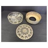 Silverplate & glass trivet, glass divided relish