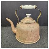 VTG Copper Tea Kettle w/ Brass & Porcelain Accents